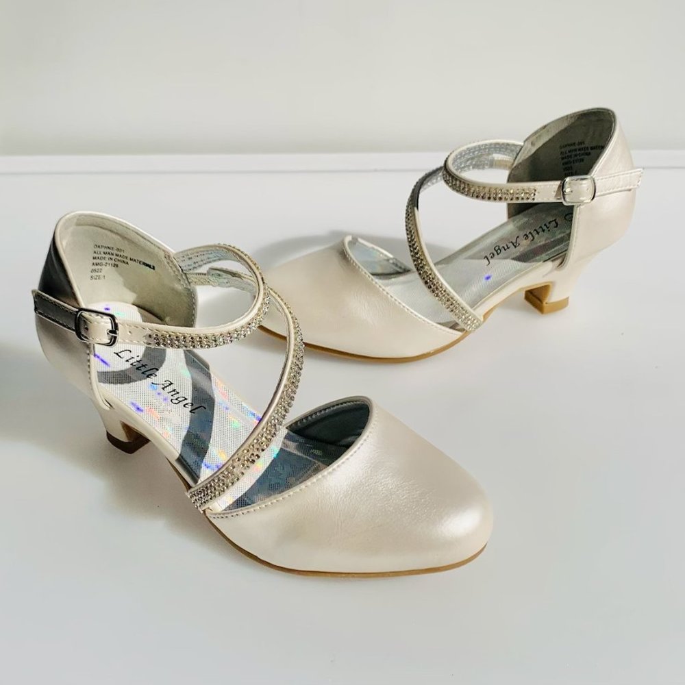 Little Girl PU Rhinestone Mary Jane Kitten Heel Pump (Ivory Leatherette)